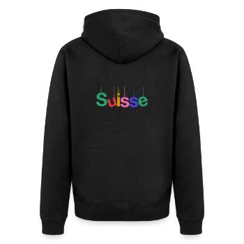 SCHWEIZ. LAND. GENF. HUMOR. FLAGGE - Unisex Premium Bio Zip Hoodie - Schwarz - Hinten - Nico (187cm)