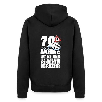 70 Jahre ist es her - der Schnellste im Verkehr - Unisex Premium Bio Zip Hoodie - Schwarz - Hinten - Nico (187cm)