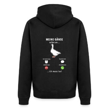 Meine Gänse rufen an - ich muss los - Spruch - Unisex Premium Bio Zip Hoodie - Schwarz - Hinten - Nico (187cm)