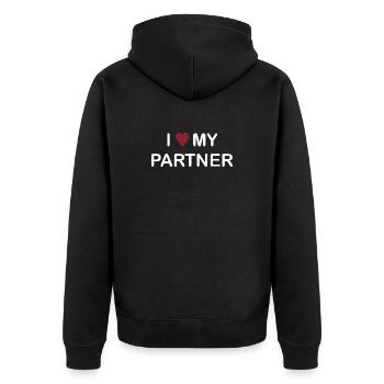 J’aime mon partenaire – Chemise/Pull de couple - Veste à capuche bio Premium Unisexe - noir - Dos - Nico (187cm)