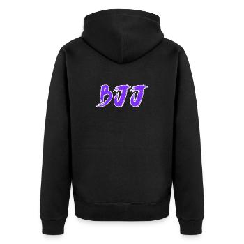 BJJ Lila Gürtel – Jiu Jitsu Rang Design - Unisex Premium Bio Zip Hoodie - Schwarz - Hinten - Nico (187cm)