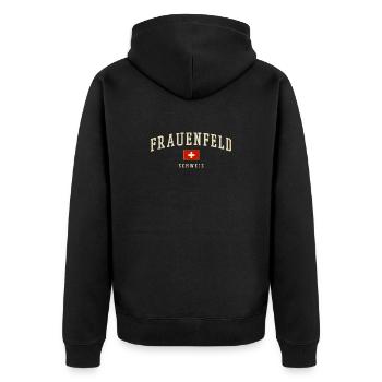 Frauenfeld Schweiz Vintage Emblem - Unisex Premium Bio Zip Hoodie - Schwarz - Hinten - Nico (187cm)