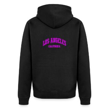 Los Angeles California Schriftzug Pink - Unisex Premium Bio Zip Hoodie - Schwarz - Hinten - Nico (187cm)