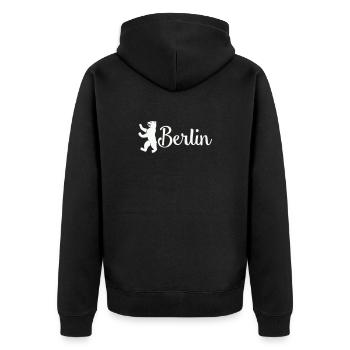 Berlin Bär Logo Schriftzug - Unisex Premium Bio Zip Hoodie - Schwarz - Hinten - Nico (187cm)