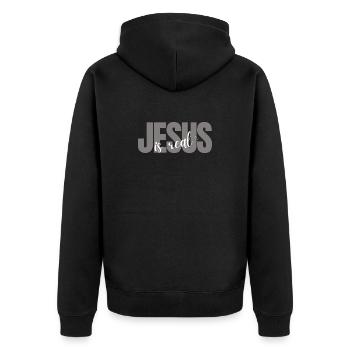 Jesus is Real - Unisex Premium Bio Zip Hoodie - Schwarz - Hinten - Nico (187cm)