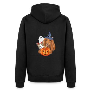 Lustige Katze und Hund mit Halloween ausgefallenen Accessoires - Unisex Premium Bio Zip Hoodie - Schwarz - Hinten - Nico (187cm)