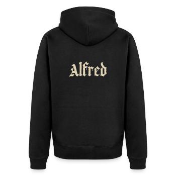 Alfred Blackletter Namensornament - Unisex Premium Bio Zip Hoodie - Schwarz - Hinten - Nico (187cm)