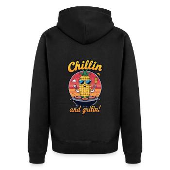 Witziges BBQ-Motiv Chillin and Grillin mit cooler - Unisex Premium Bio Zip Hoodie - Schwarz - Hinten - Nico (187cm)