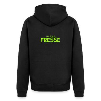 Halt die Fresse - Cooler Spruch - Unisex Premium Bio Zip Hoodie - Schwarz - Hinten - Nico (187cm)