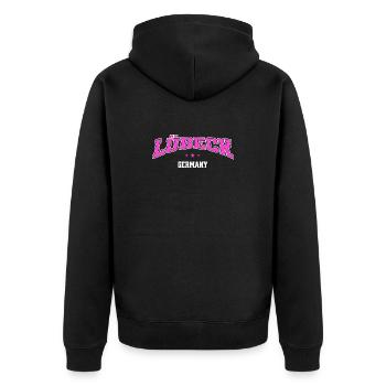 Lübeck, Allemagne, Lettrage Rétro du Collège - Veste à capuche bio Premium Unisexe - noir - Dos - Nico (187cm)