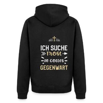 Ich suche Trost in Gottes Gegenwart - Unisex Premium Bio Zip Hoodie - Schwarz - Hinten - Nico (187cm)