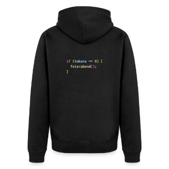 if (tokens == 0) feierabend(); – KI Feierabend - Unisex Premium Bio Zip Hoodie - Schwarz - Hinten - Nico (187cm)