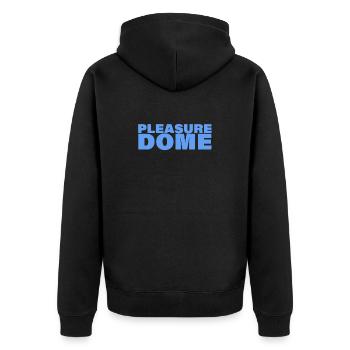PLEASURE DOME - Unisex Premium Bio Zip Hoodie - Schwarz - Hinten - Nico (187cm)