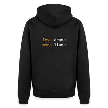 Weniger Drama, mehr Lama, düster - Unisex Premium Bio Zip Hoodie - Schwarz - Hinten - Nico (187cm)