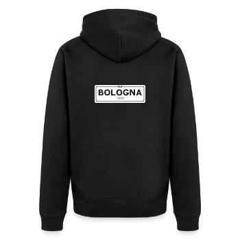 Ortsschild Bologna - Unisex Premium Bio Zip Hoodie - Schwarz - Hinten - Nico (187cm)
