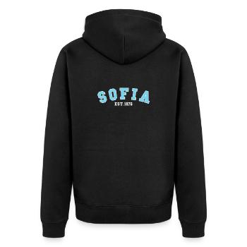 Sofia Est. 1976 - Unisex Premium Organic Zip Hoodie - black - Back - Nico (187cm)