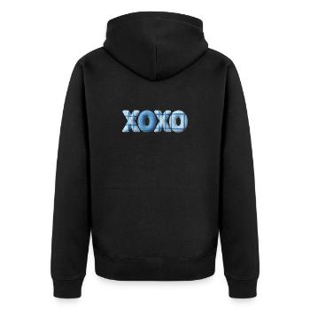 XOXO Patchwork Look mit Stoff Optik - Unisex Premium Bio Zip Hoodie - Schwarz - Hinten - Nico (187cm)