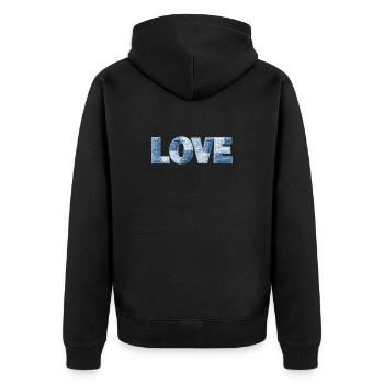 LOVE Patchwork Trend Schriftzug Stoff Look - Unisex Premium Bio Zip Hoodie - Schwarz - Hinten - Nico (187cm)