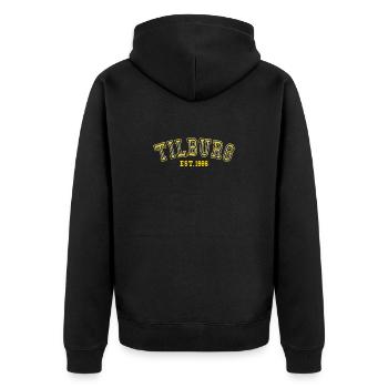 Tilburg gegründet 1986 - Unisex Premium Bio Zip Hoodie - Schwarz - Hinten - Nico (187cm)