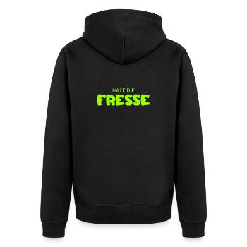Halt die Fresse - Cooler Spruch - Unisex Premium Bio Zip Hoodie - Schwarz - Hinten - Nico (187cm)