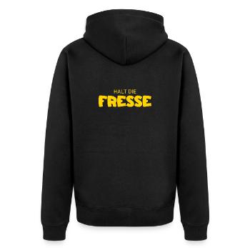 Halt die Fresse - Cooler Spruch - Unisex Premium Bio Zip Hoodie - Schwarz - Hinten - Nico (187cm)