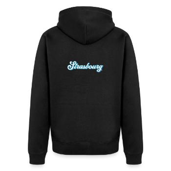 Strasbourg Schriftzug – Retro Frankreich Style - Unisex Premium Bio Zip Hoodie - Schwarz - Hinten - Nico (187cm)