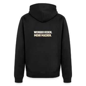 Weniger reden. Mehr machen. - Unisex Premium Bio Zip Hoodie - Schwarz - Hinten - Nico (187cm)