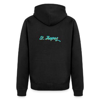St. Tropez Neon Kalligrafie - Unisex Premium Bio Zip Hoodie - Schwarz - Hinten - Nico (187cm)