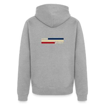 France - Cannes - Frankreich - Flagge - Streifen - Unisex Premium Bio Zip Hoodie - Grau meliert - Hinten - Nico (187cm)
