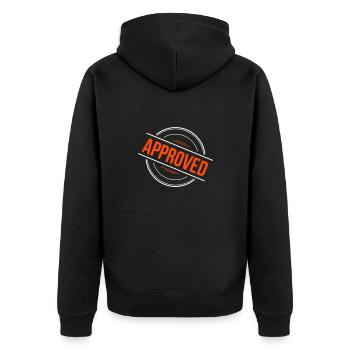 Approved Stempel – 2 Farben - Unisex Premium Bio Zip Hoodie - Schwarz - Hinten - Nico (187cm)