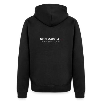 NEIN, ABER DA... DAS IST VIEL. | Humor - Unisex Premium Bio Zip Hoodie - Schwarz - Hinten - Nico (187cm)