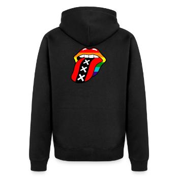 Gay pride rainbow mouth with tongue and Amsterdam logo - Unisex Premium Organic Zip Hoodie - black - Back - Nico (187cm)