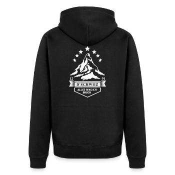 T-Shirt mit Matterhorn, Wahrzeichen der Schweiz. - Unisex Premium Bio Zip Hoodie - Schwarz - Hinten - Nico (187cm)