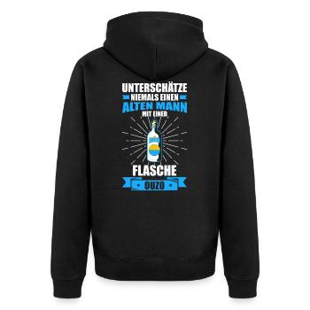Alter Mann - Ouzo | Grieche Ouzo Sprüche - Unisex Premium Bio Zip Hoodie - Schwarz - Hinten - Nico (187cm)