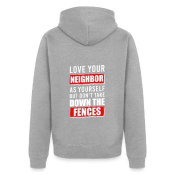 Célébration du voisin - Veste à capuche bio Premium Unisexe - gris chiné - Dos - Nico (187cm)