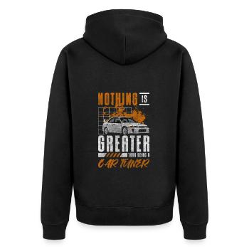 Tuning motorsport garage - Unisex Premium Bio Zip Hoodie - Schwarz - Hinten - Nico (187cm)