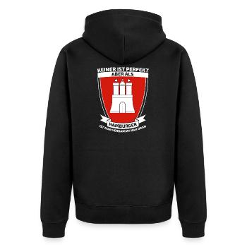 Keiner ist perfekt aber als Hamburger - Unisex Premium Bio Zip Hoodie - Schwarz - Hinten - Nico (187cm)