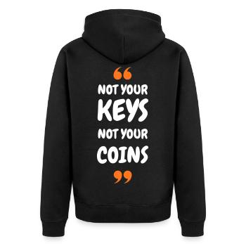 Bitcoin 2025 Security - Not Your Keys Not Your Coi - Unisex Premium Bio Zip Hoodie - Schwarz - Hinten - Nico (187cm)
