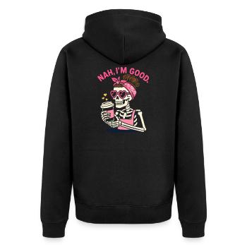 Pink Retro Skeleton with Coffee and Heart Shades - Unisex Premium Organic Zip Hoodie - black - Back - Nico (187cm)