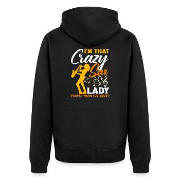 Crazy Sax Lady Saxophon Saxophonist Frauen - Unisex Premium Bio Zip Hoodie - Schwarz - Hinten - Nico (187cm)