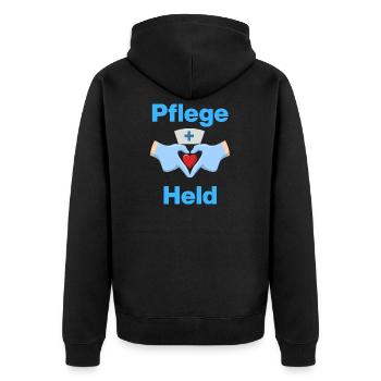 Pflegeheld – Mit Herz und Handschuhen - Unisex Premium Bio Zip Hoodie - Schwarz - Hinten - Nico (187cm)