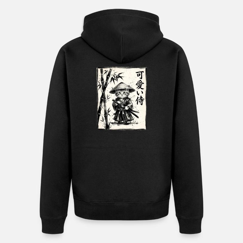 Samurai Cat Sumi-e Ink Drawing - Unisex Premium Organic Zip Hoodie - black