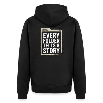 Every Folder Tells a Story - Unisex Premium Organic Zip Hoodie - black - Back - Nico (187cm)