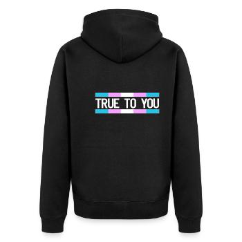 True to you - Transgender Queer LGBTIQ+ - Unisex Premium Bio Zip Hoodie - Schwarz - Hinten - Nico (187cm)