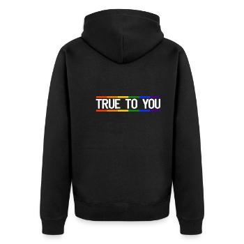 True to you - Gay Queer LGBTIQ+ Pride CSD - Unisex Premium Bio Zip Hoodie - Schwarz - Hinten - Nico (187cm)
