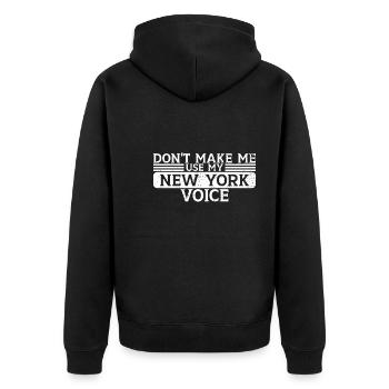NY Voice Warning Funny Pun For Trevellers - Unisex Premium Bio Zip Hoodie - Schwarz - Hinten - Nico (187cm)