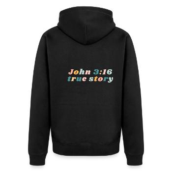 Johannes 3:16 Wahre Geschichte Glückliche bunte Stimmung Christian - Unisex Premium Bio Zip Hoodie - Schwarz - Hinten - Nico (187cm)