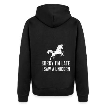 Licorne - Désolé d’être en retard - Veste à capuche bio Premium Unisexe - noir - Dos - Nico (187cm)
