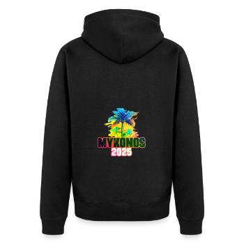 Mykonos 2025 Bunt Palmen - Unisex Premium Bio Zip Hoodie - Schwarz - Hinten - Nico (187cm)