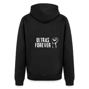 ULTRAS FOREVER FUSSBALL FANS FANKURVE - Unisex Premium Bio Zip Hoodie - Schwarz - Hinten - Nico (187cm)